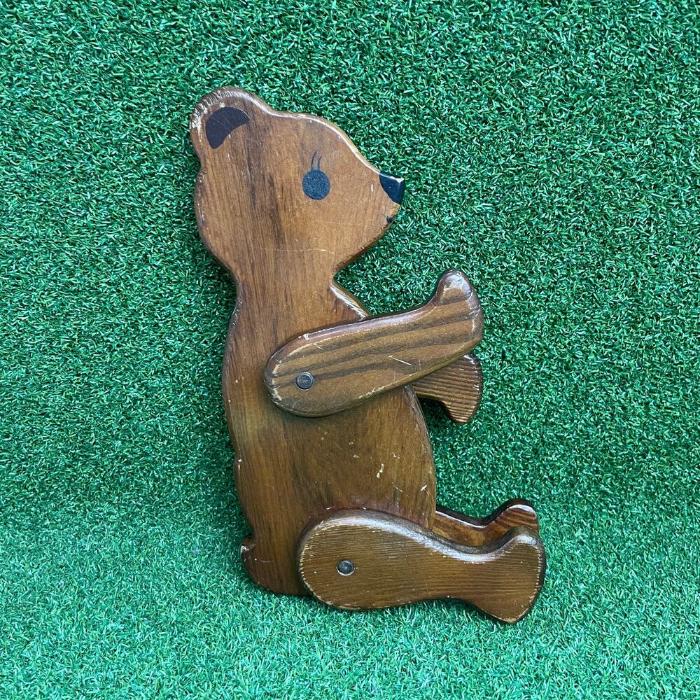 Vintage 70s 80s Midwest Taiwan Folk Art Handmade Wooden Teddy Bear Decor